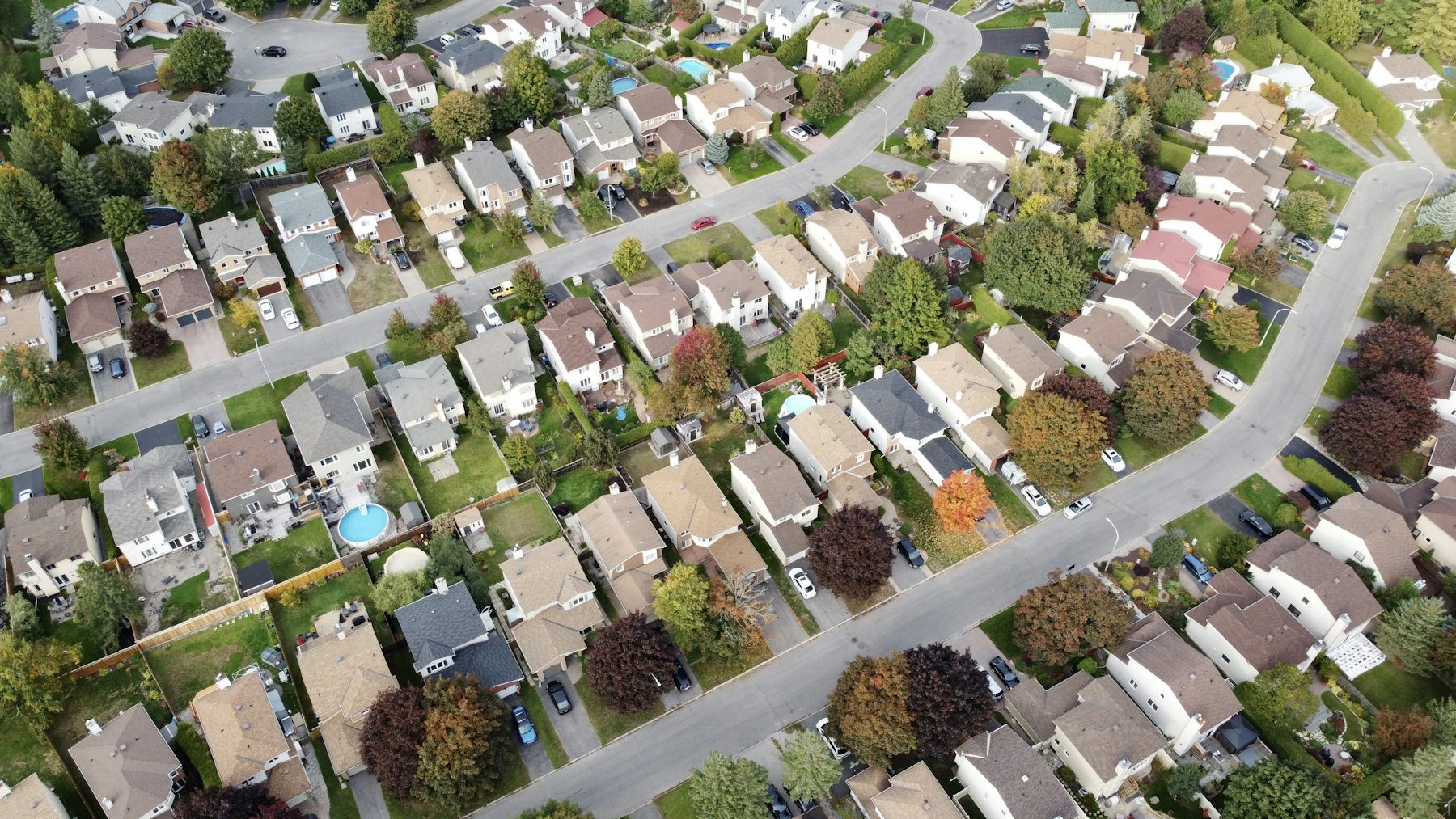 Aerial view of a neighbourhood with many houses among trees